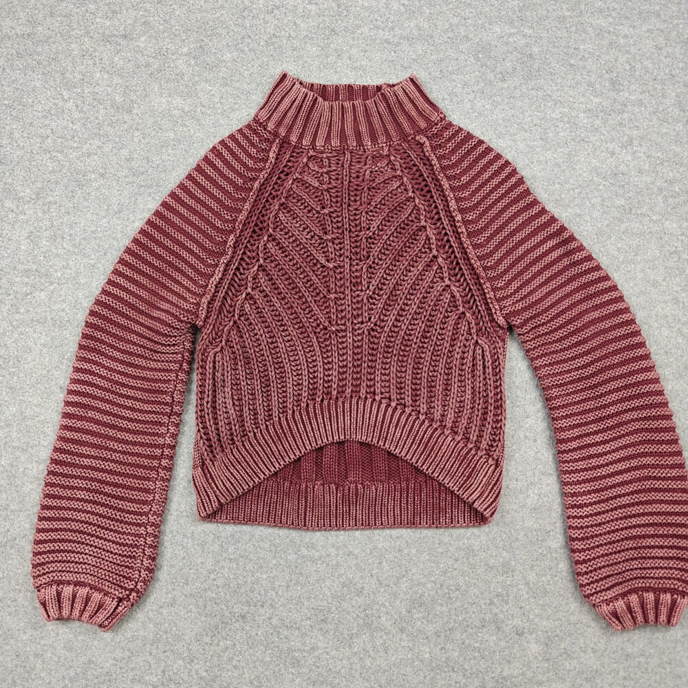 Free People Sweater Womens XS Red Striped Cable Knit Mock Neck Raglan Pullover